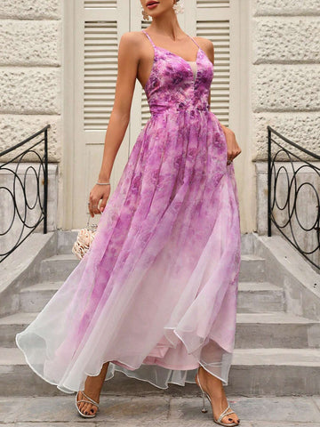Elegant And Romantic Floral Printed Mesh Spaghetti Strap Wedding Dress With Lace Insert