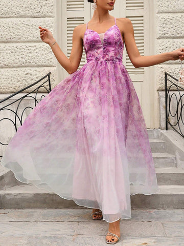 Elegant And Romantic Floral Printed Mesh Spaghetti Strap Wedding Dress With Lace Insert