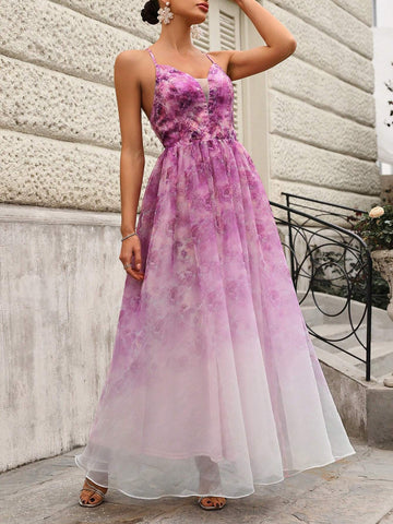 Elegant And Romantic Floral Printed Mesh Spaghetti Strap Wedding Dress With Lace Insert