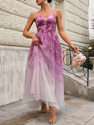 Elegant And Romantic Floral Printed Mesh Spaghetti Strap Wedding Dress With Lace Insert