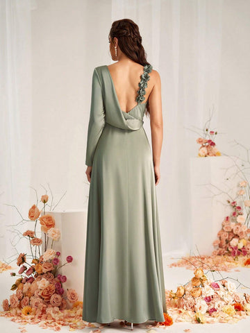 Elegant And Romantic Green Satin Fabric With Long Sleeves, Three-Dimensional Floral Lace Stitching As Shoulder Straps, Back Collar, Micro Fishtail Hem, Suitable For Wedding Occasions, Formal Bridesmaid Dresses