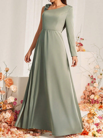 Elegant And Romantic Green Satin Fabric With Long Sleeves, Three-Dimensional Floral Lace Stitching As Shoulder Straps, Back Collar, Micro Fishtail Hem, Suitable For Wedding Occasions, Formal Bridesmaid Dresses