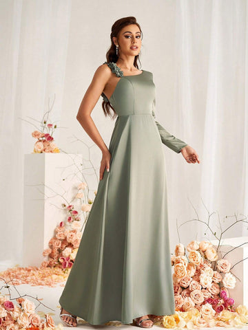 Elegant And Romantic Green Satin Fabric With Long Sleeves, Three-Dimensional Floral Lace Stitching As Shoulder Straps, Back Collar, Micro Fishtail Hem, Suitable For Wedding Occasions, Formal Bridesmaid Dresses