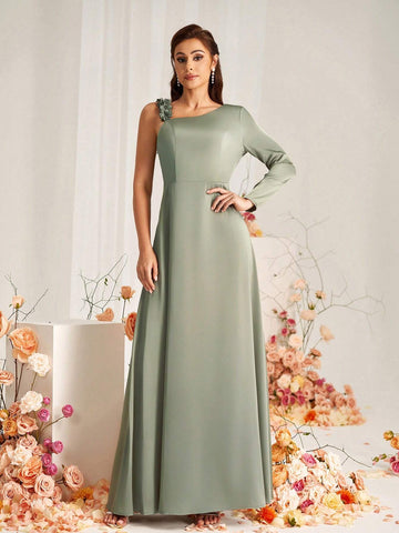 Elegant And Romantic Green Satin Fabric With Long Sleeves, Three-Dimensional Floral Lace Stitching As Shoulder Straps, Back Collar, Micro Fishtail Hem, Suitable For Wedding Occasions, Formal Bridesmaid Dresses