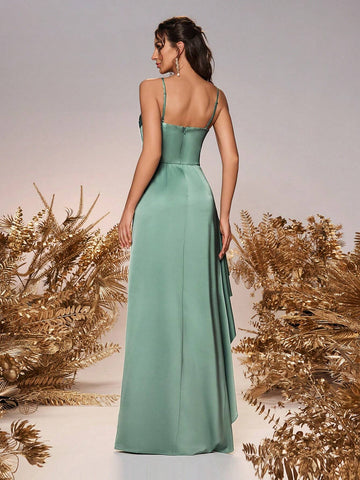 Elegant And Romantic Green Suspender Collar With Irregular Hem Pleated Three-Dimensional Flower Decoration Jellyfish Ruffle High Waist Slim Mermaid Suitable For Wedding Events Date Bridesmaid Dress