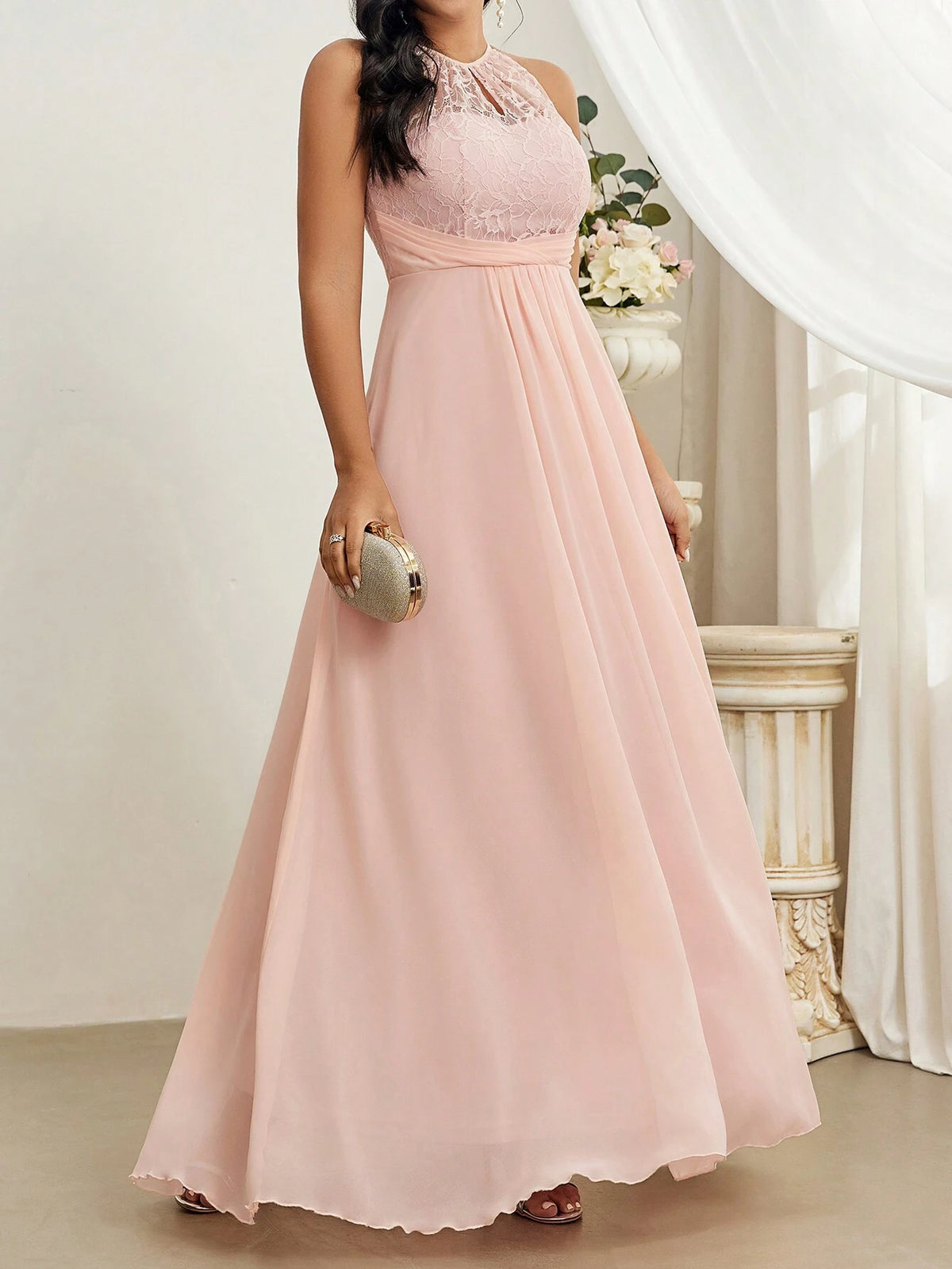 Elegant And Romantic Lace Applique Halter Neck Bridesmaid Dress
