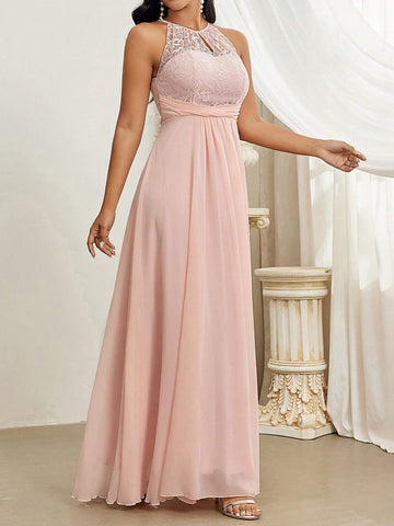 Elegant And Romantic Lace Applique Halter Neck Bridesmaid Dress