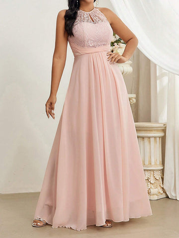 Elegant And Romantic Lace Applique Halter Neck Bridesmaid Dress