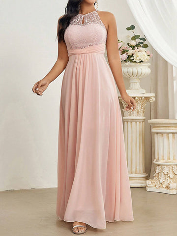 Elegant And Romantic Lace Applique Halter Neck Bridesmaid Dress