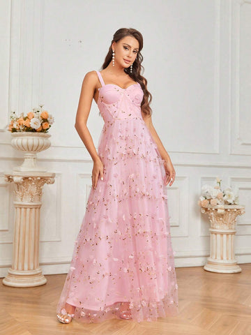 Elegant And Romantic Lady's Light Pink Embroidered Mesh Dress With Umbrella Skirt For Evening Party