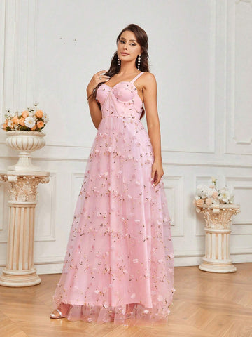 Elegant And Romantic Lady's Light Pink Embroidered Mesh Dress With Umbrella Skirt For Evening Party