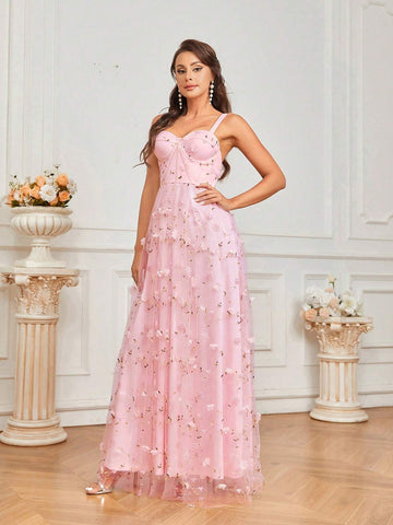 Elegant And Romantic Lady's Light Pink Embroidered Mesh Dress With Umbrella Skirt For Evening Party