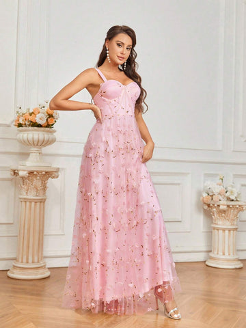 Elegant And Romantic Lady's Light Pink Embroidered Mesh Dress With Umbrella Skirt For Evening Party