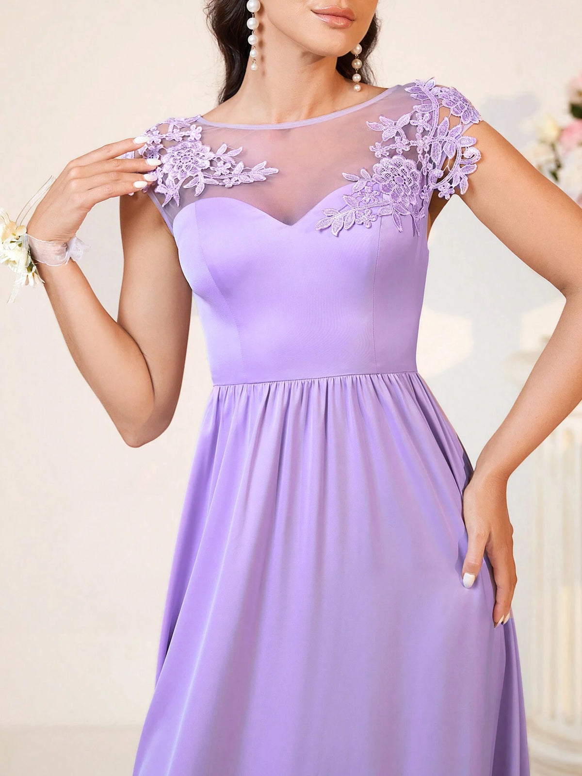 Elegant And Romantic Lavender Purple Boat Neck Fabric Made Of Three-Dimensional High Waist, Slimming, Glossy Satin A-Swing, Date, Holiday, Easter Wedding Event, Outdoor Wedding, Wedding Formal Bridesmaid Dress