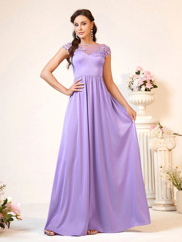 Elegant And Romantic Lavender Purple Boat Neck Fabric Made Of Three-Dimensional High Waist, Slimming, Glossy Satin A-Swing, Date, Holiday, Easter Wedding Event, Outdoor Wedding, Wedding Formal Bridesmaid Dress