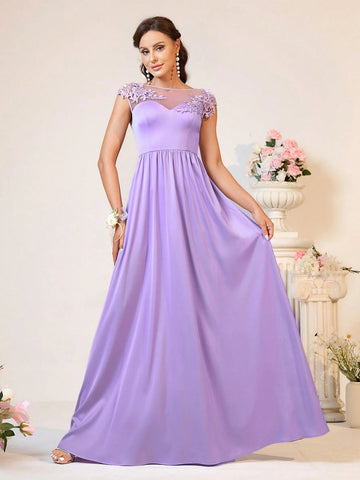 Elegant And Romantic Lavender Purple Boat Neck Fabric Made Of Three-Dimensional High Waist, Slimming, Glossy Satin A-Swing, Date, Holiday, Easter Wedding Event, Outdoor Wedding, Wedding Formal Bridesmaid Dress