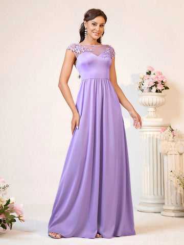 Elegant And Romantic Lavender Purple Boat Neck Fabric Made Of Three-Dimensional High Waist, Slimming, Glossy Satin A-Swing, Date, Holiday, Easter Wedding Event, Outdoor Wedding, Wedding Formal Bridesmaid Dress