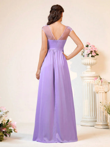 Elegant And Romantic Lavender Purple Boat Neck Fabric Made Of Three-Dimensional High Waist, Slimming, Glossy Satin A-Swing, Date, Holiday, Easter Wedding Event, Outdoor Wedding, Wedding Formal Bridesmaid Dress