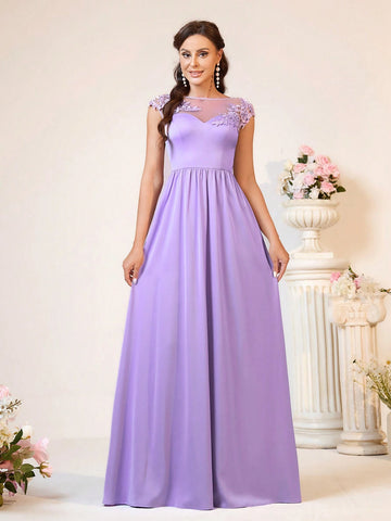 Elegant And Romantic Lavender Purple Boat Neck Fabric Made Of Three-Dimensional High Waist, Slimming, Glossy Satin A-Swing, Date, Holiday, Easter Wedding Event, Outdoor Wedding, Wedding Formal Bridesmaid Dress