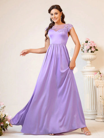 Elegant And Romantic Lavender Purple Boat Neck Fabric Made Of Three-Dimensional High Waist, Slimming, Glossy Satin A-Swing, Date, Holiday, Easter Wedding Event, Outdoor Wedding, Wedding Formal Bridesmaid Dress