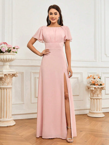 Elegant And Romantic Lotus Pink Slit Design With Pleated Chest Detail. Elegant Bridesmaid Dress With Off-Shoulder Ruffle Sleeves And Tie Slit Skirt Design. Suitable For Wedding Holiday Gift Party Holiday Adult Bridesmaid Dress.