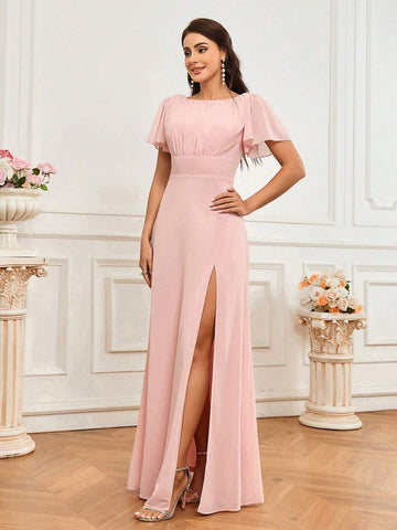 Elegant And Romantic Lotus Pink Slit Design With Pleated Chest Detail. Elegant Bridesmaid Dress With Off-Shoulder Ruffle Sleeves And Tie Slit Skirt Design. Suitable For Wedding Holiday Gift Party Holiday Adult Bridesmaid Dress.