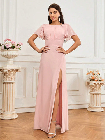 Elegant And Romantic Lotus Pink Slit Design With Pleated Chest Detail. Elegant Bridesmaid Dress With Off-Shoulder Ruffle Sleeves And Tie Slit Skirt Design. Suitable For Wedding Holiday Gift Party Holiday Adult Bridesmaid Dress.