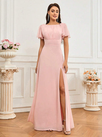 Elegant And Romantic Lotus Pink Slit Design With Pleated Chest Detail. Elegant Bridesmaid Dress With Off-Shoulder Ruffle Sleeves And Tie Slit Skirt Design. Suitable For Wedding Holiday Gift Party Holiday Adult Bridesmaid Dress.