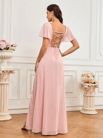 Elegant And Romantic Lotus Pink Slit Design With Pleated Chest Detail. Elegant Bridesmaid Dress With Off-Shoulder Ruffle Sleeves And Tie Slit Skirt Design. Suitable For Wedding Holiday Gift Party Holiday Adult Bridesmaid Dress.