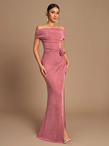 Elegant And Romantic Lotus Pink Stretch Knit Fabric Swing Collar One-Shoulder Oblique Shoulder Pleated Three-Dimensional Flower Decoration High Slit Mermaid Hem Wedding Event Date Bridesmaid Dress