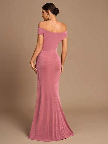 Elegant And Romantic Lotus Pink Stretch Knit Fabric Swing Collar One-Shoulder Oblique Shoulder Pleated Three-Dimensional Flower Decoration High Slit Mermaid Hem Wedding Event Date Bridesmaid Dress