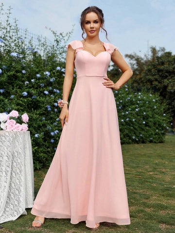 Elegant And Romantic Maid Of Honor Dress In Orange Pink Chiffon, With Sweetheart Neckline, Ruffle Trim Sleeves, Backless Design With V-Neck And Tie Strings, And Layered Ruffles Skirt