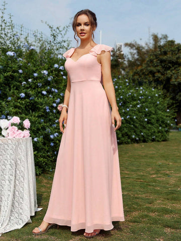 Elegant And Romantic Maid Of Honor Dress In Orange Pink Chiffon, With Sweetheart Neckline, Ruffle Trim Sleeves, Backless Design With V-Neck And Tie Strings, And Layered Ruffles Skirt