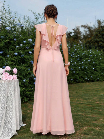 Elegant And Romantic Maid Of Honor Dress In Orange Pink Chiffon, With Sweetheart Neckline, Ruffle Trim Sleeves, Backless Design With V-Neck And Tie Strings, And Layered Ruffles Skirt