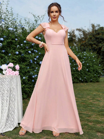 Elegant And Romantic Maid Of Honor Dress In Orange Pink Chiffon, With Sweetheart Neckline, Ruffle Trim Sleeves, Backless Design With V-Neck And Tie Strings, And Layered Ruffles Skirt