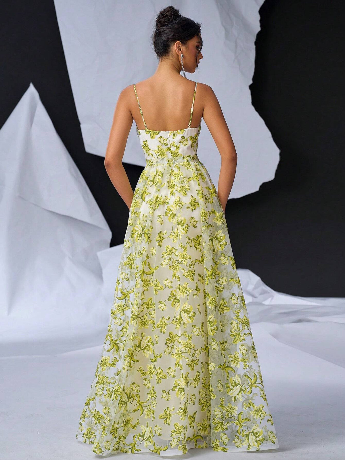Elegant And Romantic Mesh Orangery Floral Print Halter Bustle Cups High Waist Thin Slim Fishtail Fluttering Back Width Swing Floating Piece Dating Vacation Graduation Wedding Event Heavy Duty Dinner Evening Gowns
