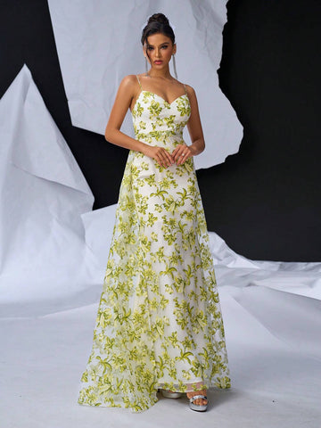 Elegant And Romantic Mesh Orangery Floral Print Halter Bustle Cups High Waist Thin Slim Fishtail Fluttering Back Width Swing Floating Piece Dating Vacation Graduation Wedding Event Heavy Duty Dinner Evening Gowns