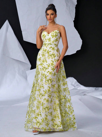 Elegant And Romantic Mesh Orangery Floral Print Halter Bustle Cups High Waist Thin Slim Fishtail Fluttering Back Width Swing Floating Piece Dating Vacation Graduation Wedding Event Heavy Duty Dinner Evening Gowns