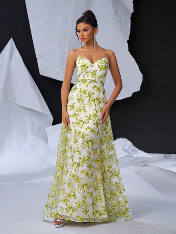 Elegant And Romantic Mesh Orangery Floral Print Halter Bustle Cups High Waist Thin Slim Fishtail Fluttering Back Width Swing Floating Piece Dating Vacation Graduation Wedding Event Heavy Duty Dinner Evening Gowns