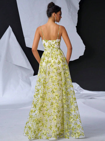 Elegant And Romantic Mesh Orangery Floral Print Halter Bustle Cups High Waist Thin Slim Fishtail Fluttering Back Width Swing Floating Piece Dating Vacation Graduation Wedding Event Heavy Duty Dinner Evening Gowns