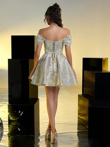 Elegant And Romantic Metal Jacquard Design Strapless Waist Tightening Short Christmas Party Prom Dress