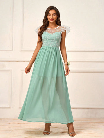 Elegant And Romantic Mint Green Chiffon And Mesh Patchwork Embroidery Round Neck Lace Trim Ruffle Sleeved High Waisted A-Line Umbrella Swing Dress For Outdoor Wedding And Bridesmaid