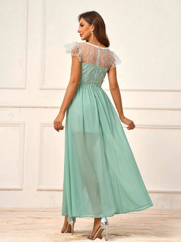 Elegant And Romantic Mint Green Chiffon And Mesh Patchwork Embroidery Round Neck Lace Trim Ruffle Sleeved High Waisted A-Line Umbrella Swing Dress For Outdoor Wedding And Bridesmaid
