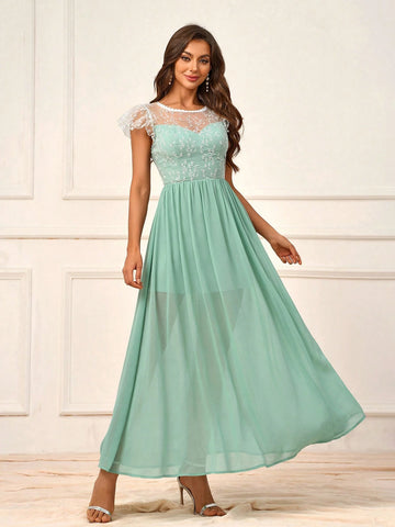 Elegant And Romantic Mint Green Chiffon And Mesh Patchwork Embroidery Round Neck Lace Trim Ruffle Sleeved High Waisted A-Line Umbrella Swing Dress For Outdoor Wedding And Bridesmaid