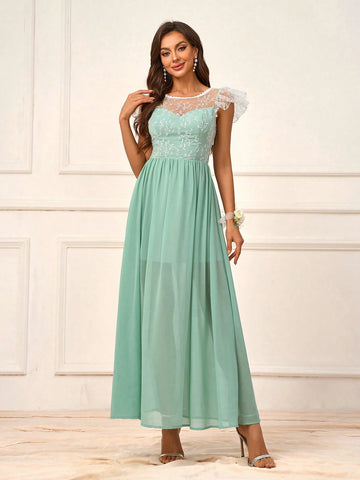 Elegant And Romantic Mint Green Chiffon And Mesh Patchwork Embroidery Round Neck Lace Trim Ruffle Sleeved High Waisted A-Line Umbrella Swing Dress For Outdoor Wedding And Bridesmaid
