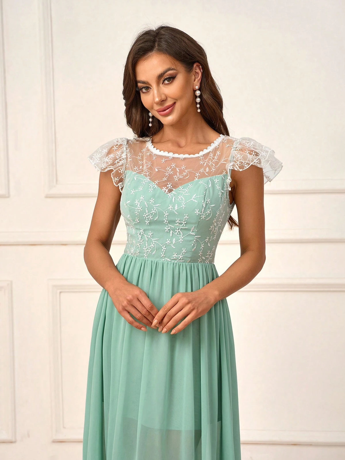 Elegant And Romantic Mint Green Chiffon And Mesh Patchwork Embroidery Round Neck Lace Trim Ruffle Sleeved High Waisted A-Line Umbrella Swing Dress For Outdoor Wedding And Bridesmaid