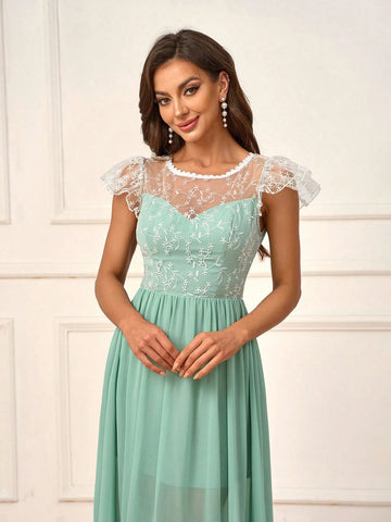 Elegant And Romantic Mint Green Chiffon And Mesh Patchwork Embroidery Round Neck Lace Trim Ruffle Sleeved High Waisted A-Line Umbrella Swing Dress For Outdoor Wedding And Bridesmaid