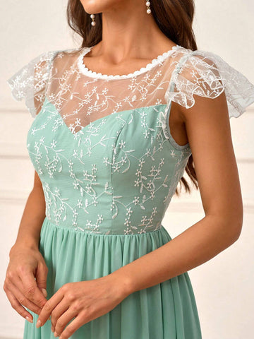 Elegant And Romantic Mint Green Chiffon And Mesh Patchwork Embroidery Round Neck Lace Trim Ruffle Sleeved High Waisted A-Line Umbrella Swing Dress For Outdoor Wedding And Bridesmaid