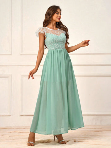 Elegant And Romantic Mint Green Chiffon And Mesh Patchwork Embroidery Round Neck Lace Trim Ruffle Sleeved High Waisted A-Line Umbrella Swing Dress For Outdoor Wedding And Bridesmaid