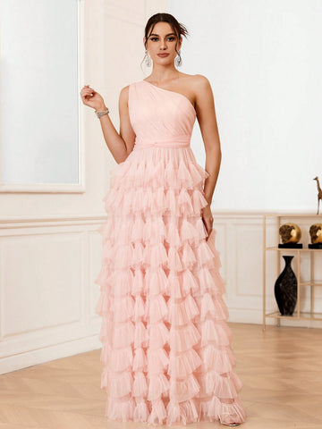 Elegant And Romantic Oblique Shoulder Multi-Layered Ruffle Edge Wedding Dress
